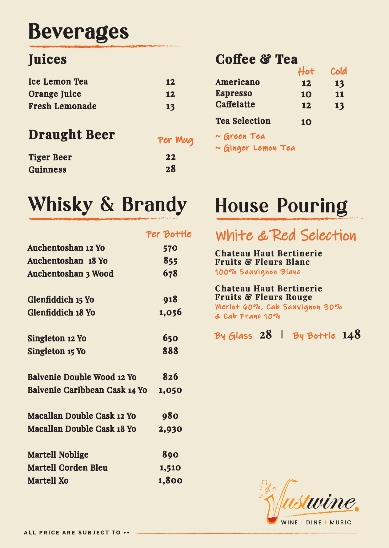 Justwine TTDI Menu - Alcoholic and Non-Alcoholic Beverages