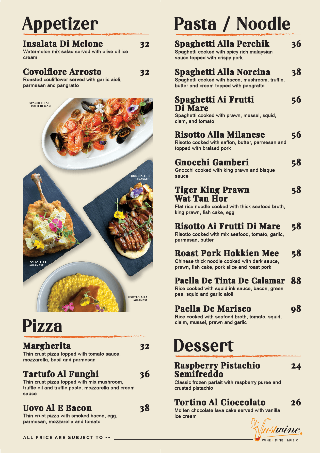 Justwine TTDI Menu - Appetizer, Pizza, Pasta, Dessert